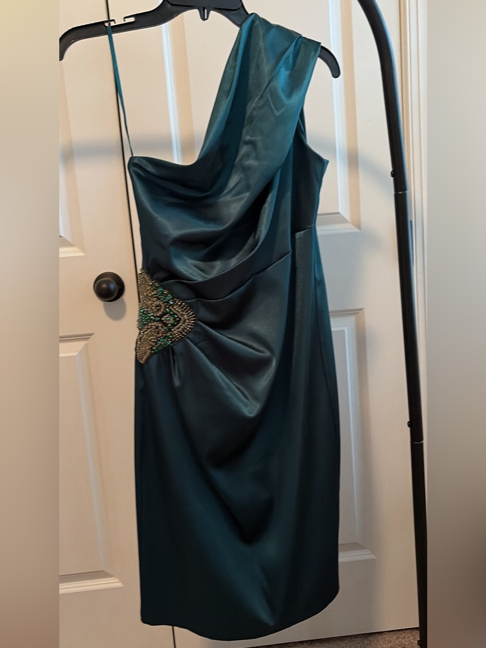Eliza J Teal Satin One-Shoulder Dress with Beaded Hip Detail